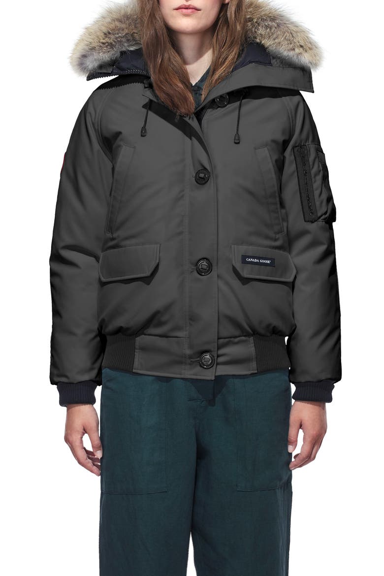 Chilliwack Fusion Fit 625 Fill Power Down Bomber Jacket with Genuine Coyote Fur Trim, Main, color, GRAPHITE
