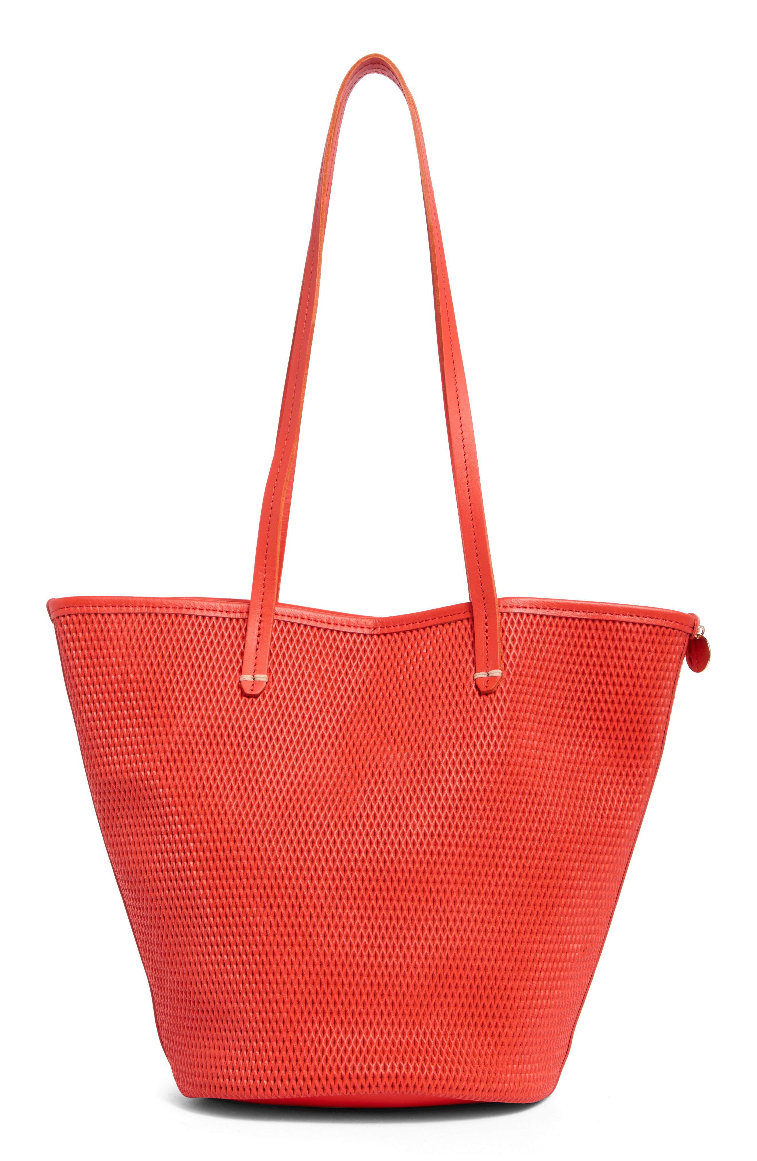 Clare V. Choupette Diamond Perforated Leather Tote, Main, color, Bright Poppy