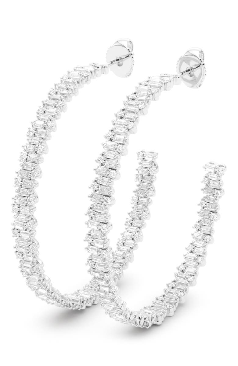 HauteCarat Baguette & Round Brilliant Lab Created Diamond Hoop Earrings, Main, color, 18K White Gold