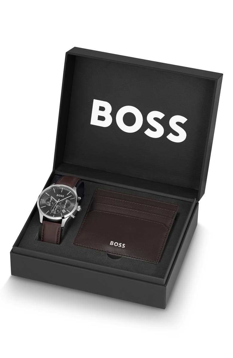 BOSS Avery Chronograph Leather Strap Watch & Wallet Set, 42mm, Main, color, Grey