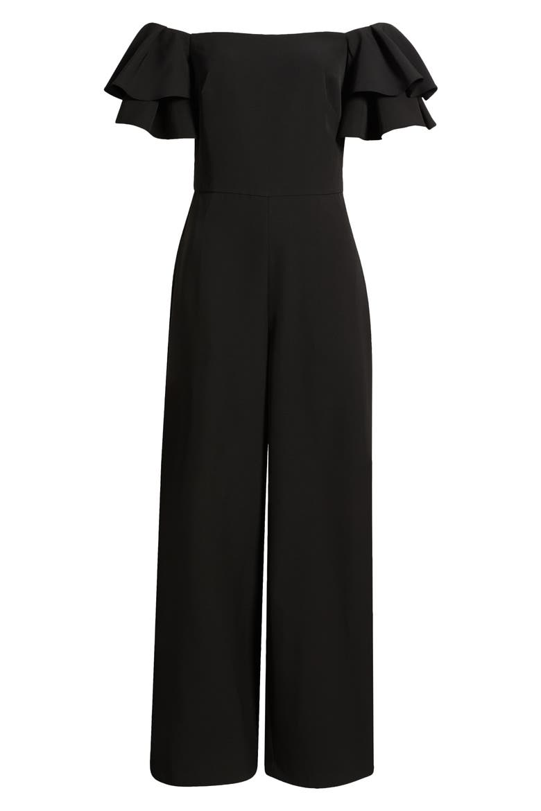 Ruffle Sleeve Off the Shoulder Jumpsuit, Alternate, color, BLACK
