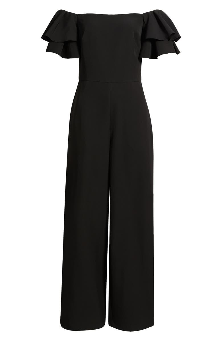 Eliza J Ruffle Sleeve Off the Shoulder Jumpsuit, Main, color, Black