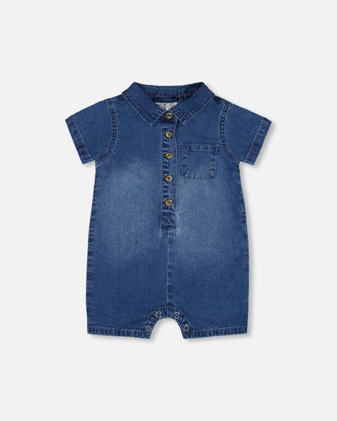 Baby Boy's One-Piece Denim Romper Dark Denim Blue