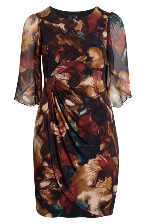 Floral Print Cape Sleeve Minidress (Plus)