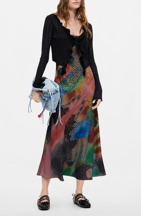 Painterly Midi Dress with Ruffle Bolero