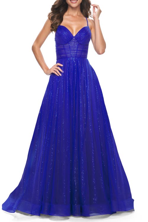 La Femme A-line Prom Dress With Sequin Lining And Illusion Top In Electric Blue