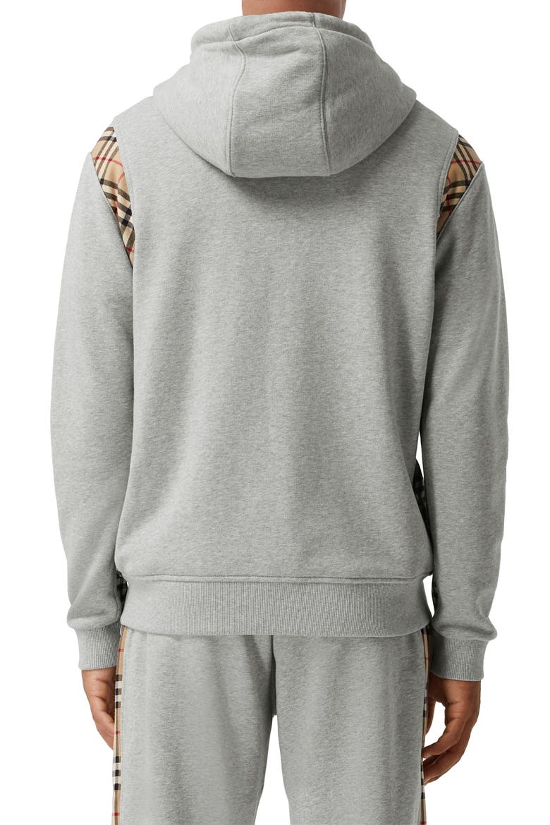 Check Panel Cotton Hoodie, Alternate, color, PALE GREY MELANGE