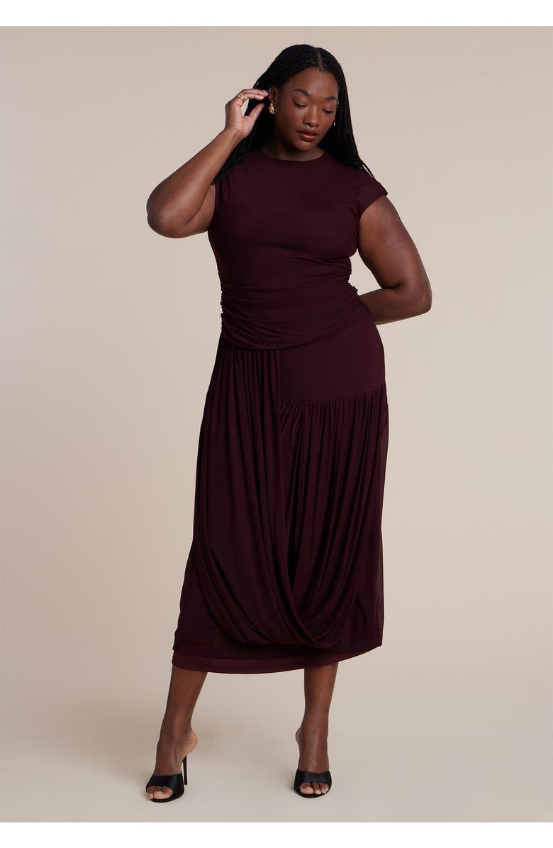 ELOQUII Drape Detail Fitted Mesh Dress, Main, color, Wine Tasting