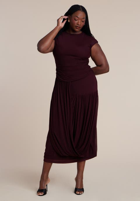 Drape Detail Fitted Mesh Dress (Plus)