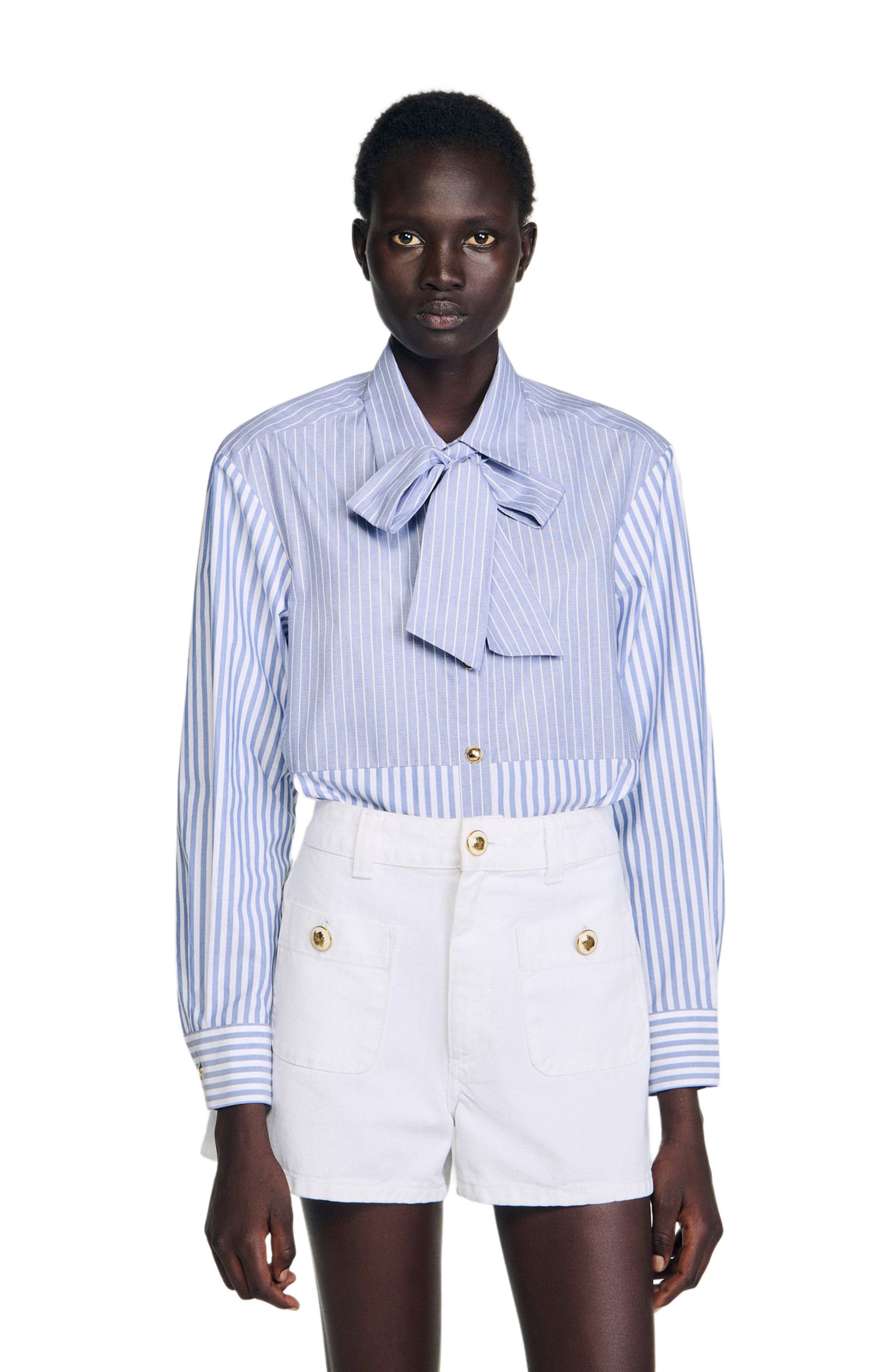 Sandro Striped Shirt With Removable Tie In Blue