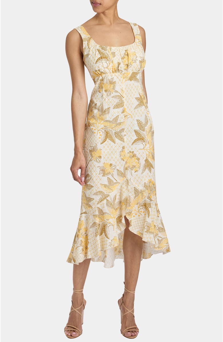 Santorelli RINA Sleeveless Hi Lo Dress in Floral Cotton Cloque, Main, color, Chamomile