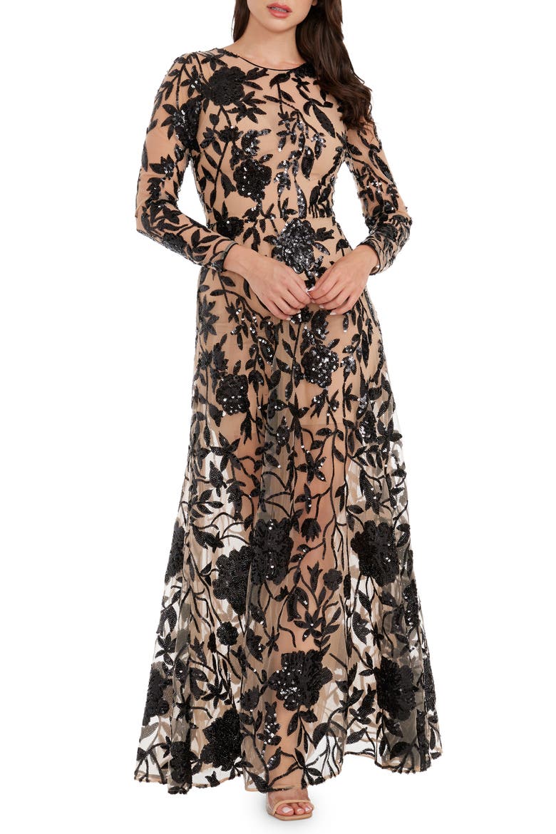 Ava Sequin Floral Embroidered Long Sleeve Gown, Main, color, BLACK- BEIGE