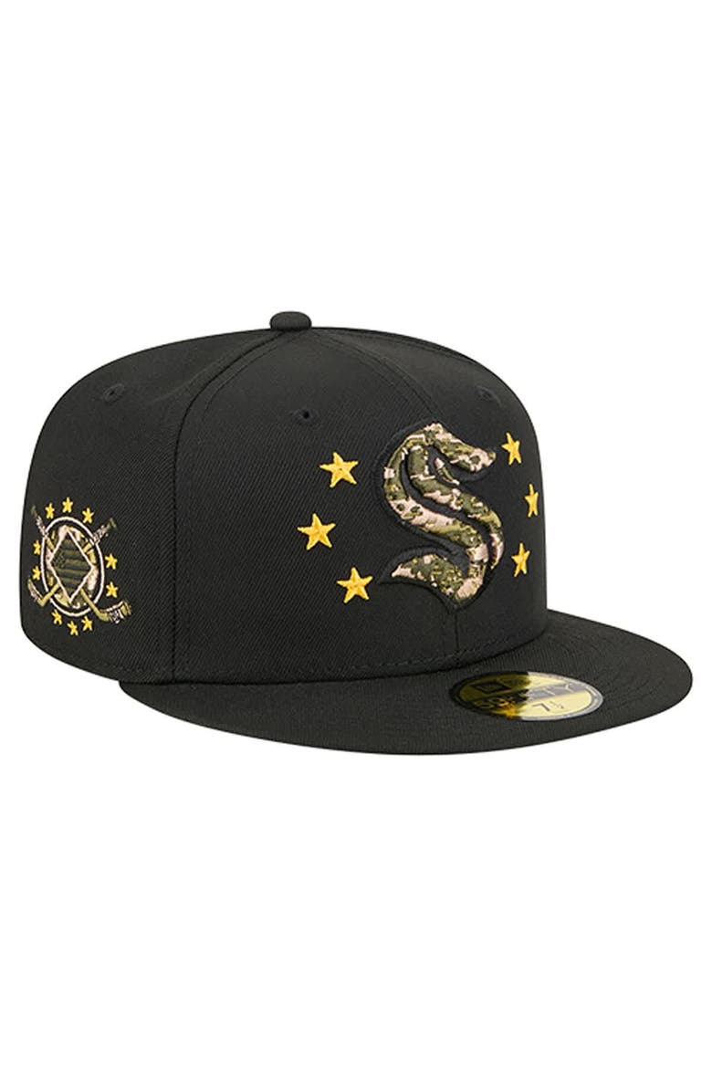 Men's New Era  Black Seattle Kraken Military Appreciation Digital Camo Stars 59FIFTY Fitted Hat, Main, color, Black