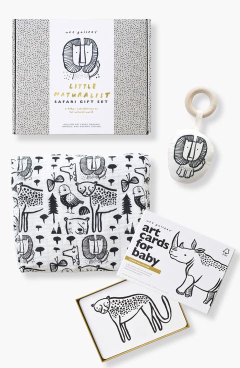 Newborn Gift Set with Swaddle Blanket, Wooden Teether and Art Cards for Baby