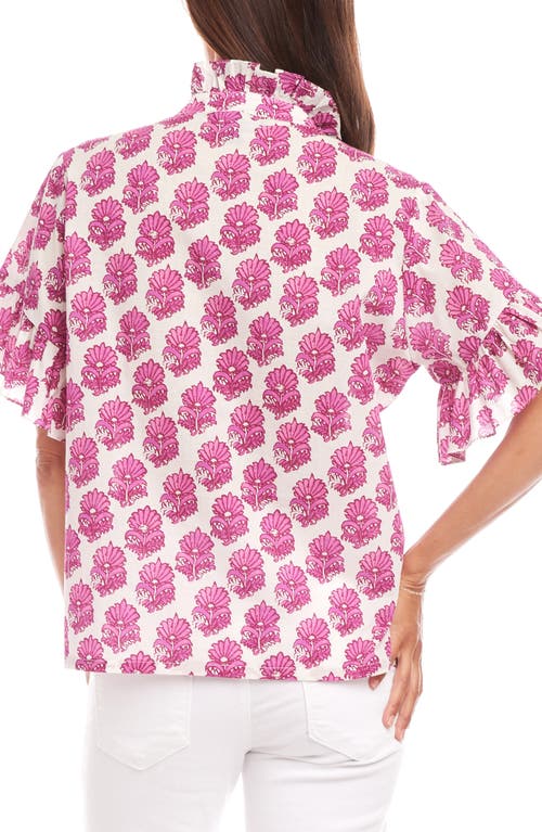 Karen Kane Floral Ruffle Accent Cotton Button-up Shirt In Pink Print