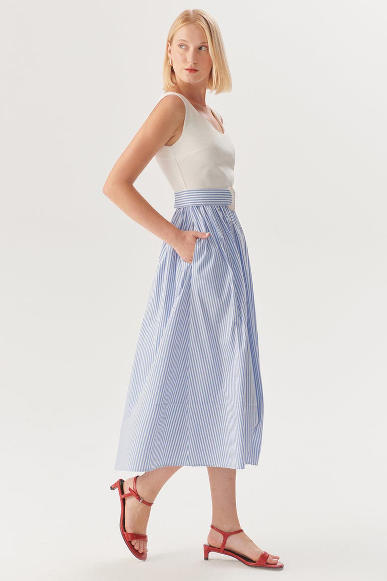 Harper Striped Midi K.Dress With Waist Buckle Detail, Alternate, color, BLUE-WHITE