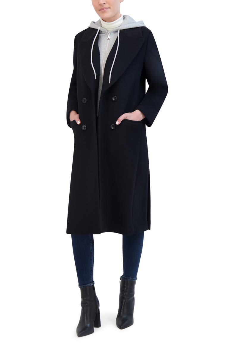 Double Breasted Longline Coat with Jersey Hooded Bib, Alternate, color, BLACK/ GREY