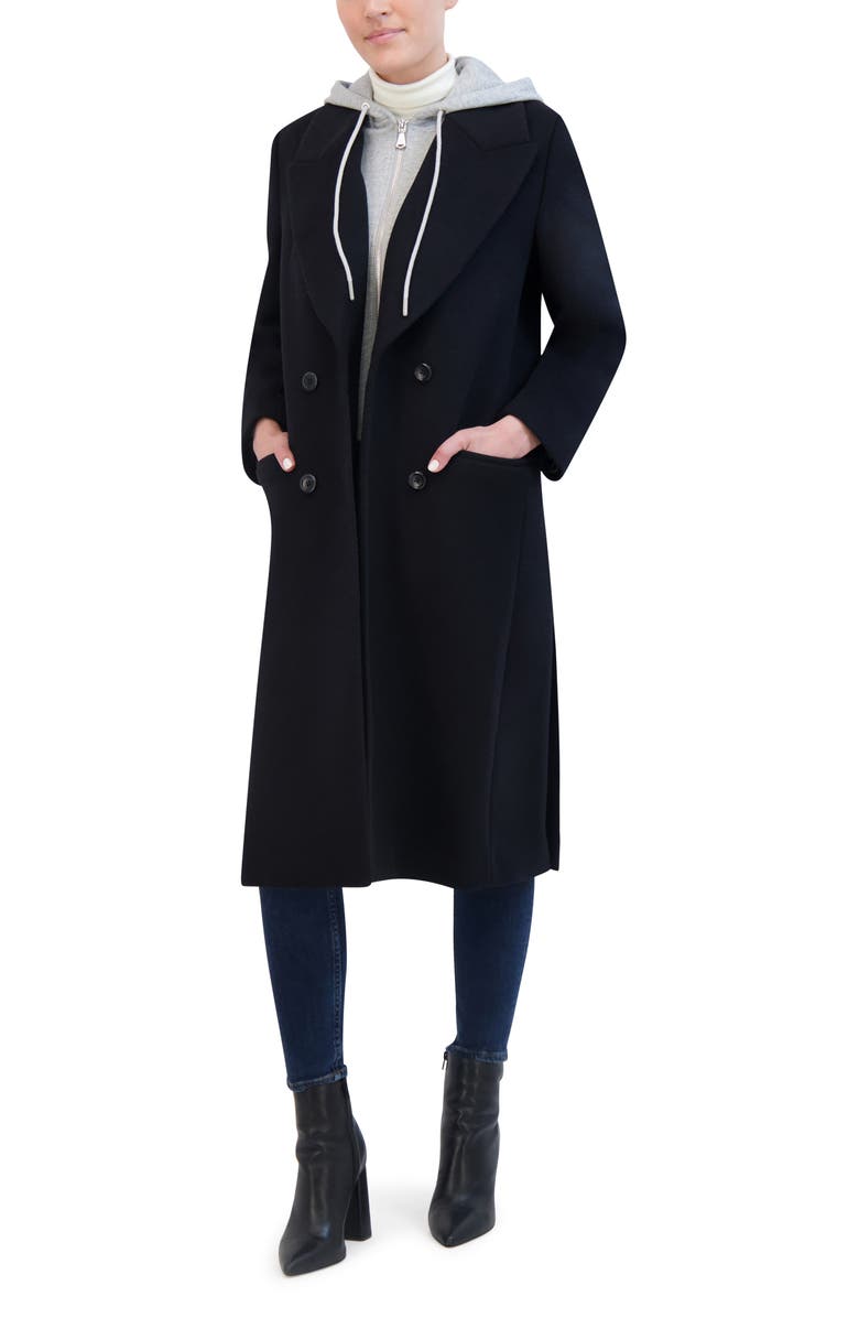 Rebecca Minkoff Double Breasted Longline Coat with Jersey Hooded Bib, Alternate, color, Black/ Grey