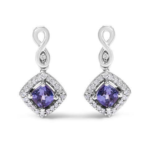 10K White Gold Tanzanite and Diamond Halo Cushion Shaped Drop Earrings