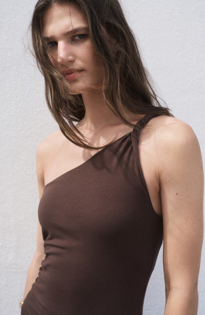 MANGO Ruched One-Shoulder Maxi Dress, Alternate, color, Brown