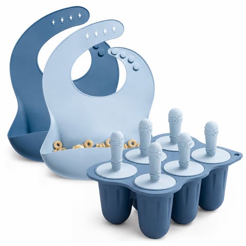 Silicone Baby Popsicle Mold with 2 Waterproof Bibs, BPA Free, Freezer Safe, Dishwasher Safe Teething Set