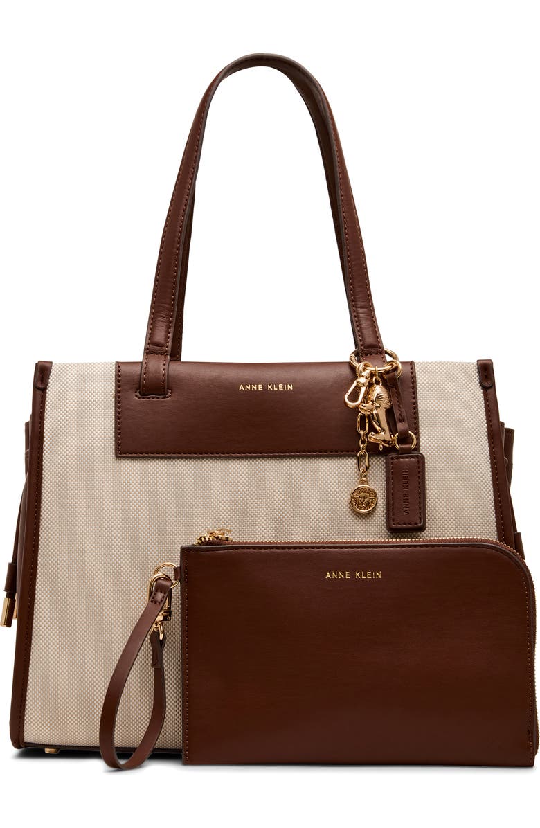 Anne Klein Canvas Tote with Removable Wrist Pouch, Alternate, color, Tan-Cream/ Walnut