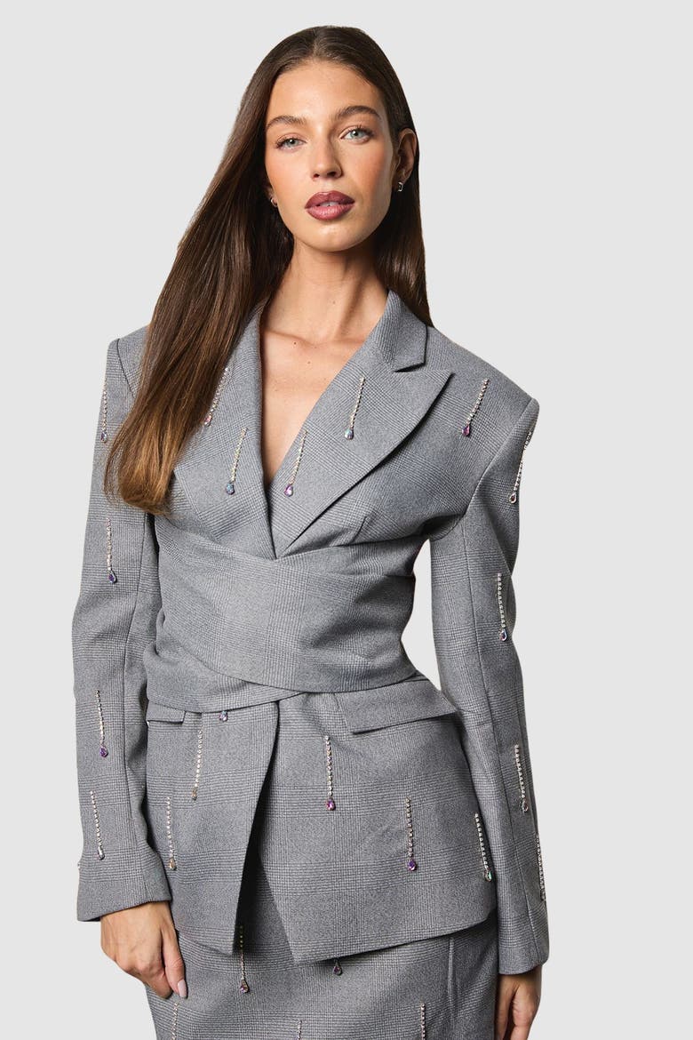 Muse Check Tie Embellished Blazer, Main, color, Grey