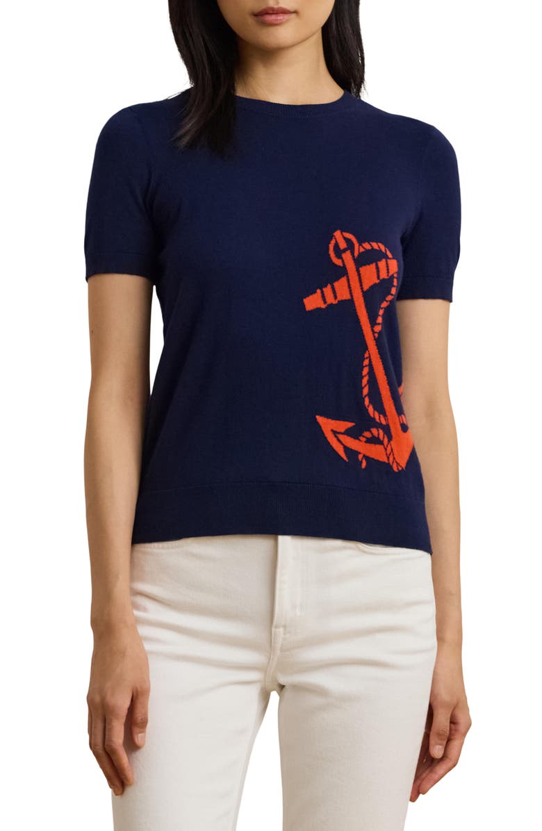 Lauren Ralph Lauren Intarsia Anchor Short Sleeve Cotton & Modal Sweater, Main, color, 