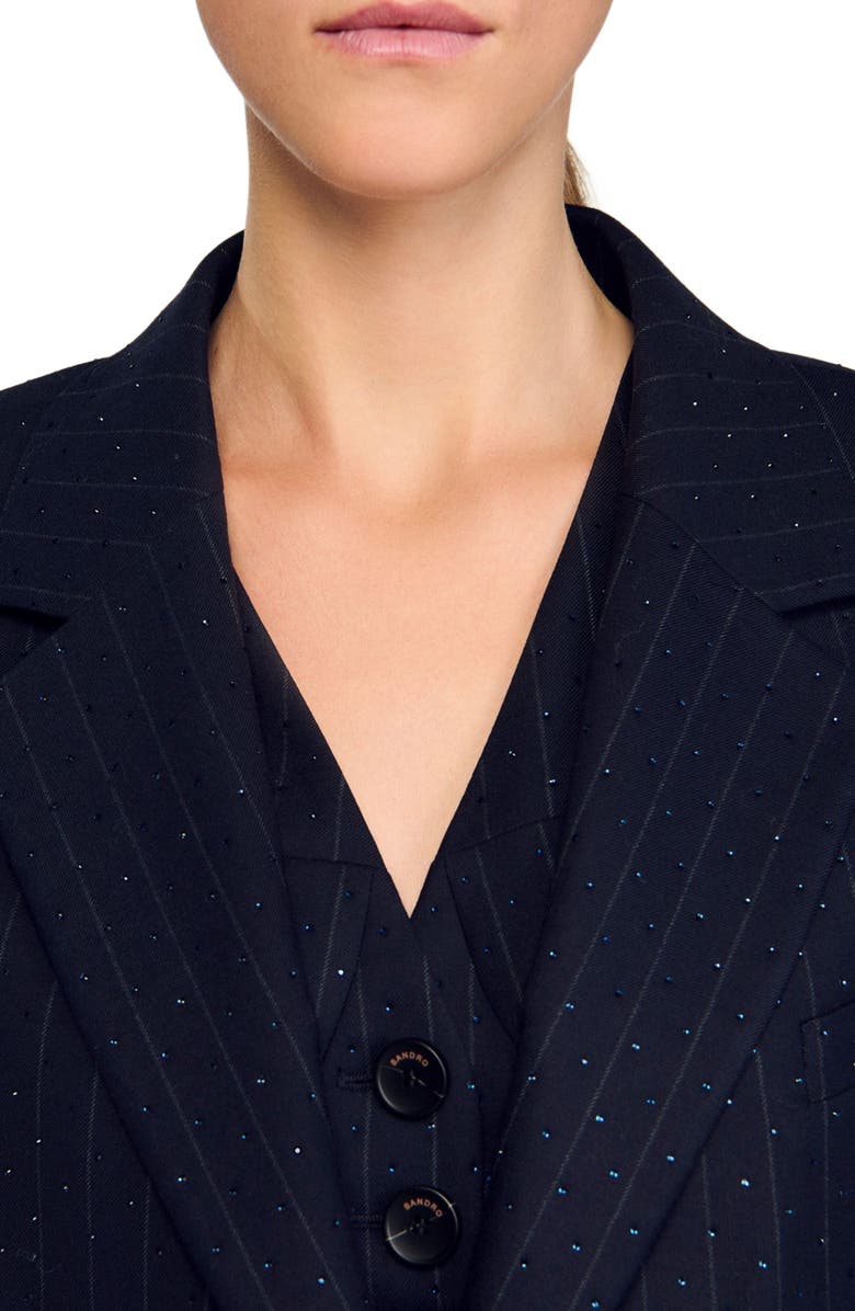SANDRO Striped rhinestone suit jacket, Alternate, color, Navy Blue