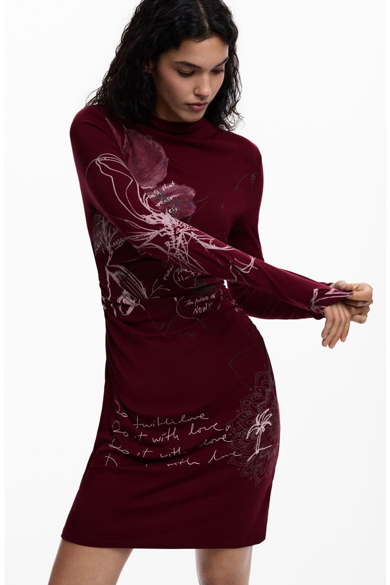 Allover Print Long Sleeve Minidress, Alternate, color, BURGUNDY