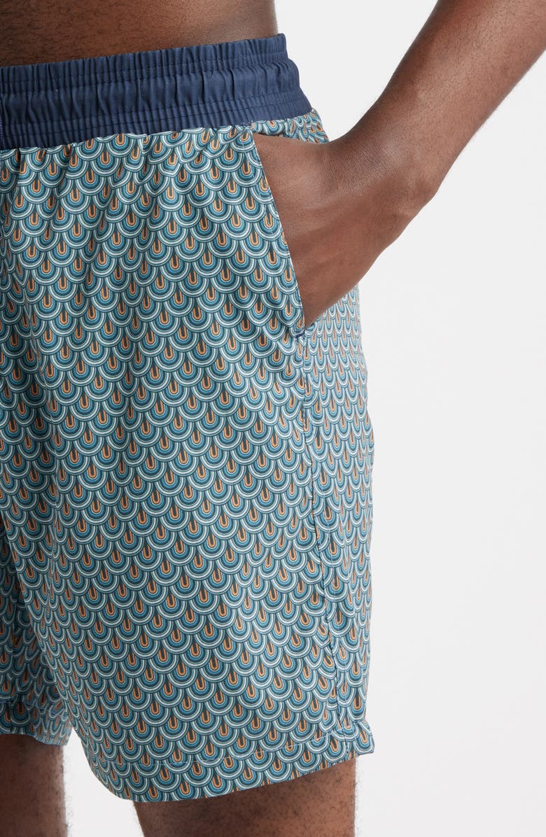 Stone Rose Retro Wallpaper Print Swim Trunks, Alternate, color, Blue