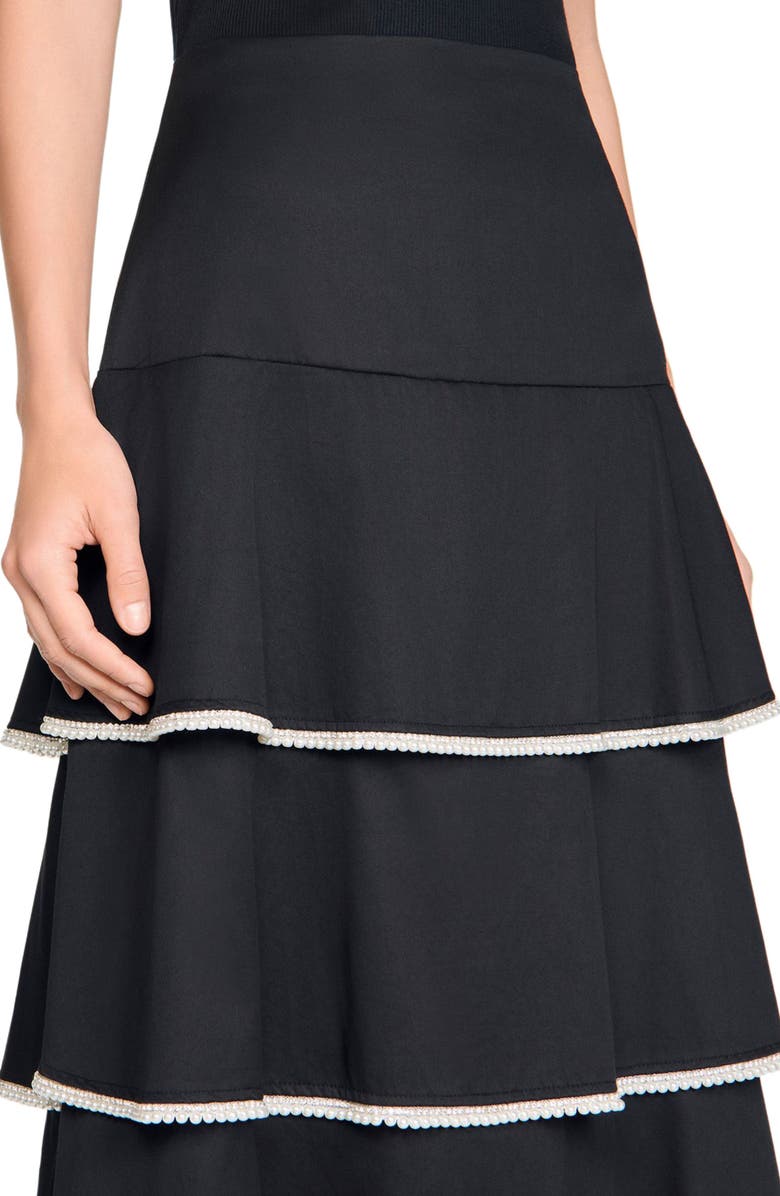 SANDRO Long ruffled rhinestone skirt, Alternate, color, Black