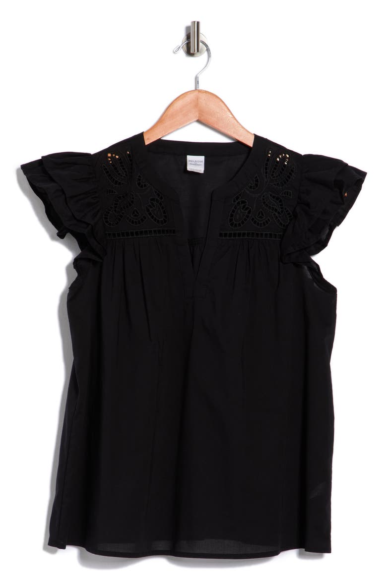 Short Sleeve Eyelet Top, Alternate, color, BLACK