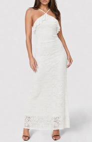 bebe Lace Ruffle Halter Maxi Dress