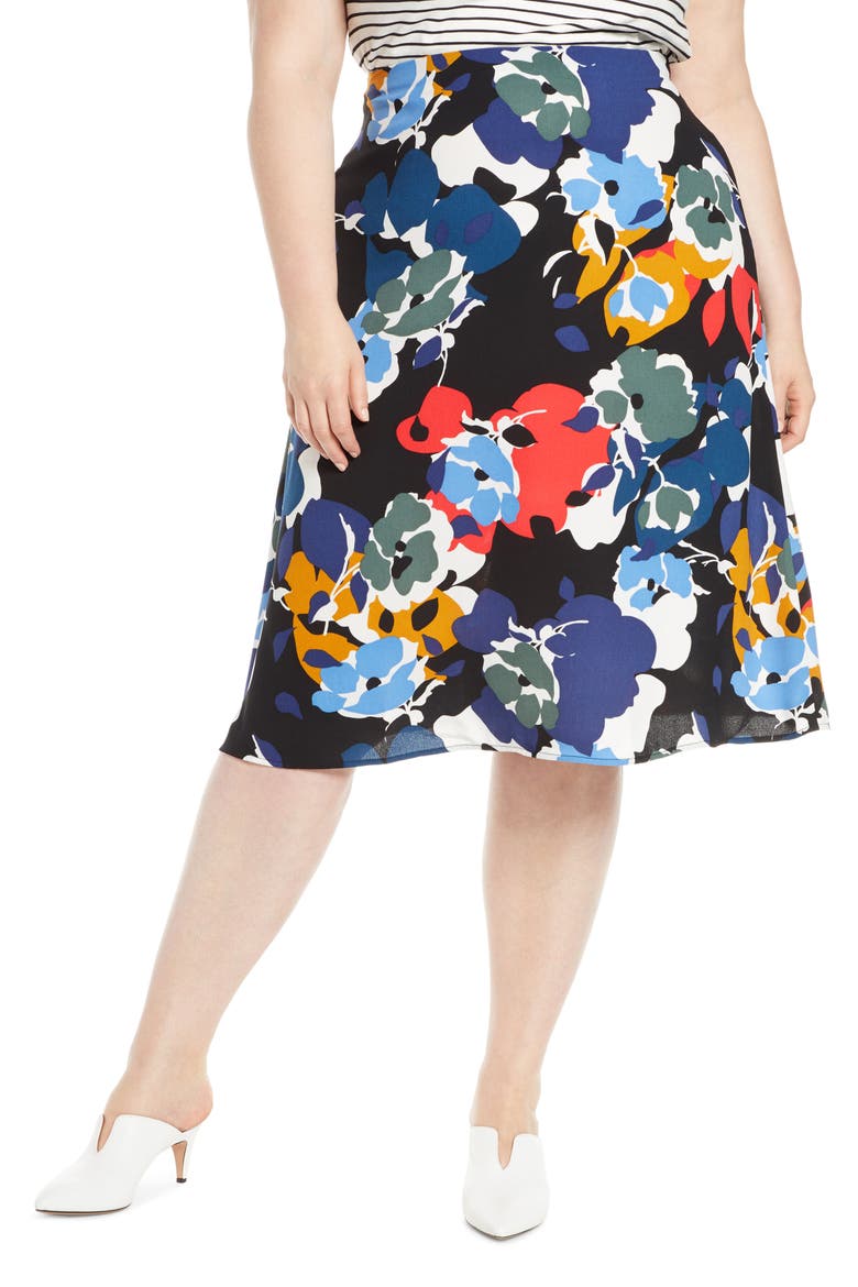 A-Line Midi Skirt, Main, color, BLACK- BLUE FLORAL
