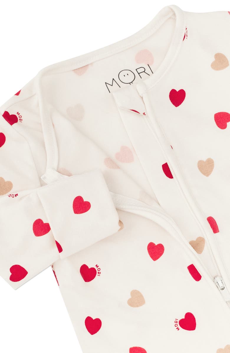 MORI Print Zip One-Piece Footie Pajamas, Alternate, color, Hearts And Cream