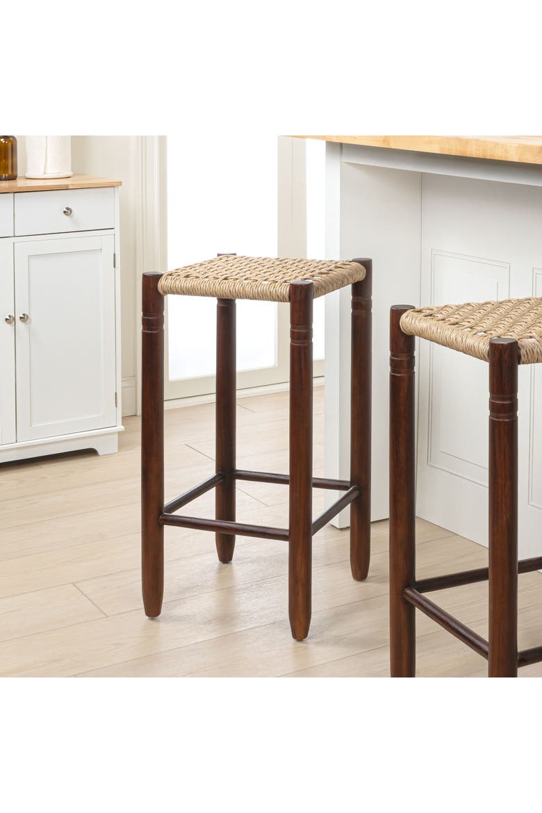 Columnar Bohemian Indoor/Outdoor Wood Backless Counter Stool, Woven Synthetic Rattan Seat for Patio Kitchen Island, Dark and, Alternate, color, Dark Brown -29.5"