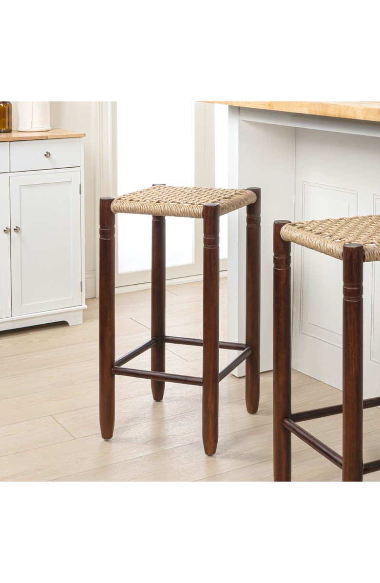 JONATHAN Y Handcrafted Wood Backless Indoor/Outdoor Bar Stool with Synthetic Woven Seat, Alternate, color, Dark Brown -29.5"