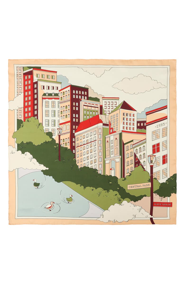 Kate Spade New York park scene silk square scarf, Alternate, color, Multi Beige
