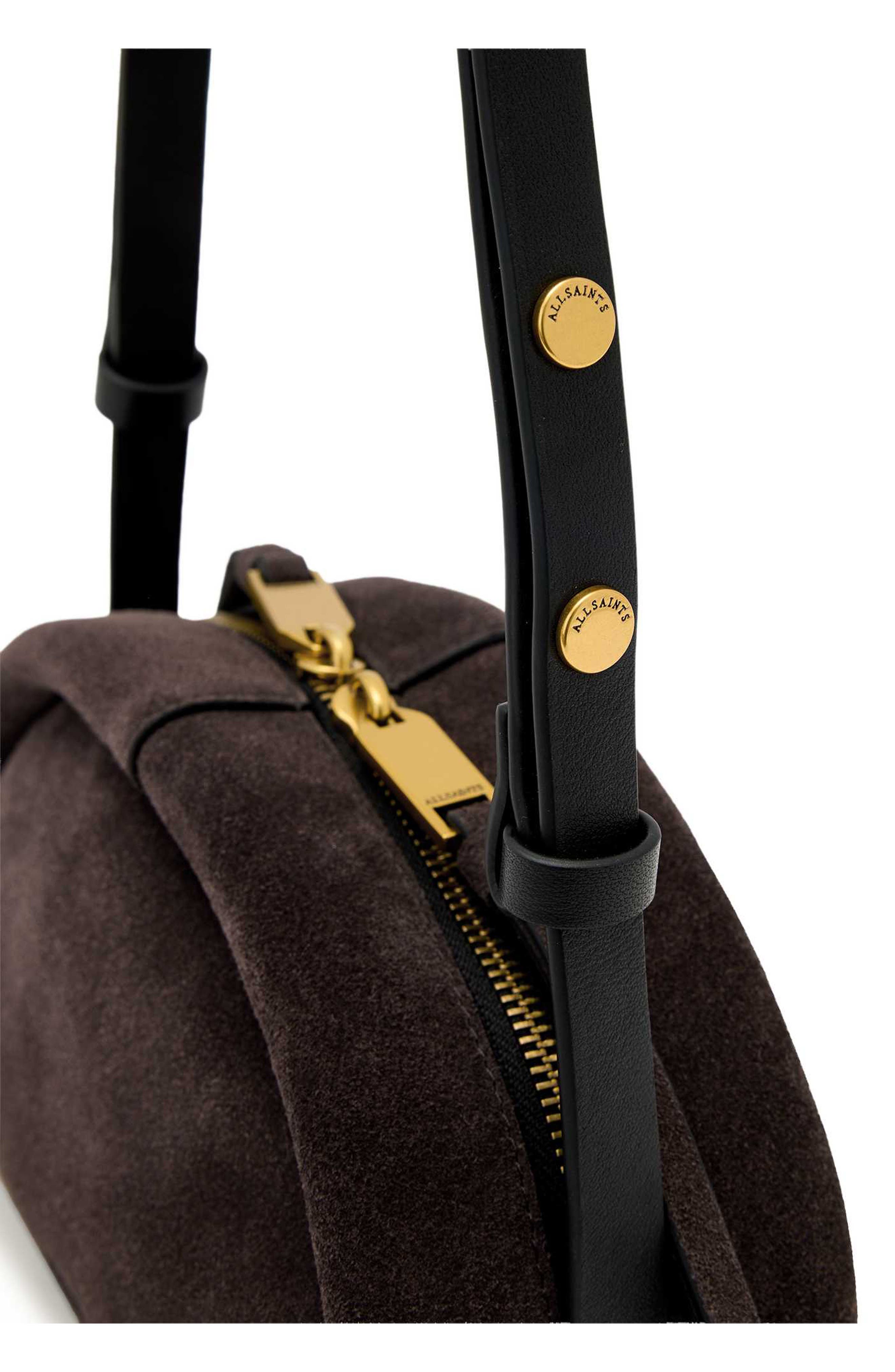 AllSaints Rosalie Arc Suede Crossbody Bag, Alternate, color, Burnt Umber Red