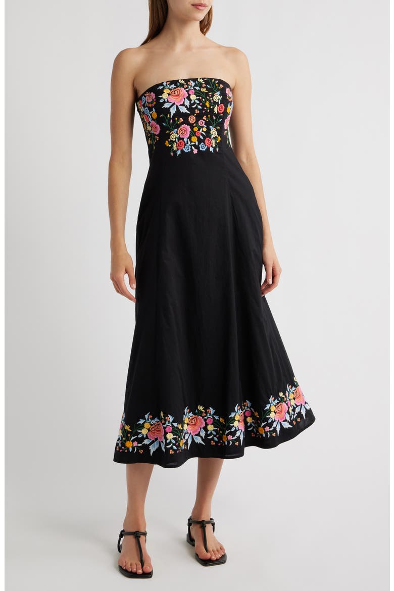 Alpha Embroidered Strapless Midi Dress, Main, color, BLACK