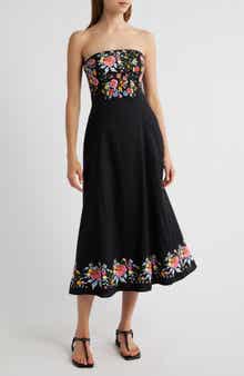 Alpha Embroidered Strapless Midi Dress