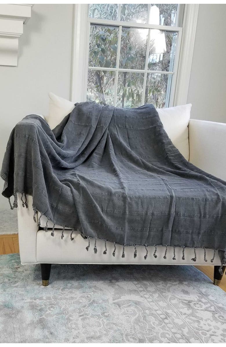 InfuseZen Stonewashed Organic XL Turkish Throw Blanket, Alternate, color, Faded Black