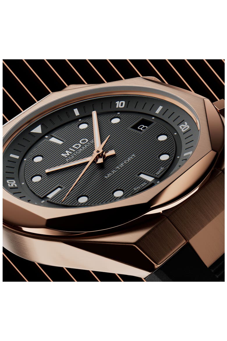 Multifort 8 Two Crowns Automatic Rubber Strap Watch, 40mm, Alternate, color, BLACK