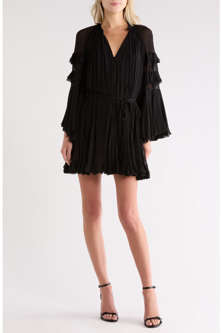 Adaline Ruffle Long Sleeve Minidress, Main, color, BLACK
