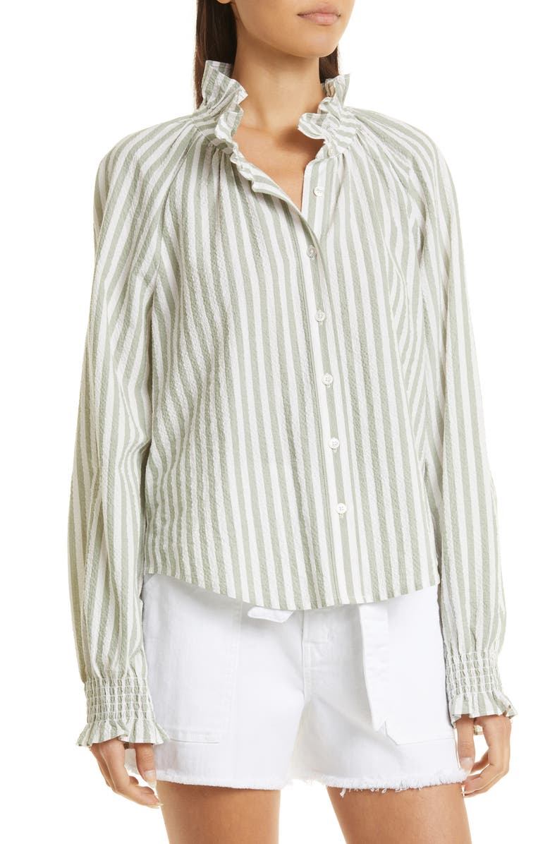 Veronica Beard Calisto Stripe Ruffle Stretch Cotton Shirt, Alternate, color,