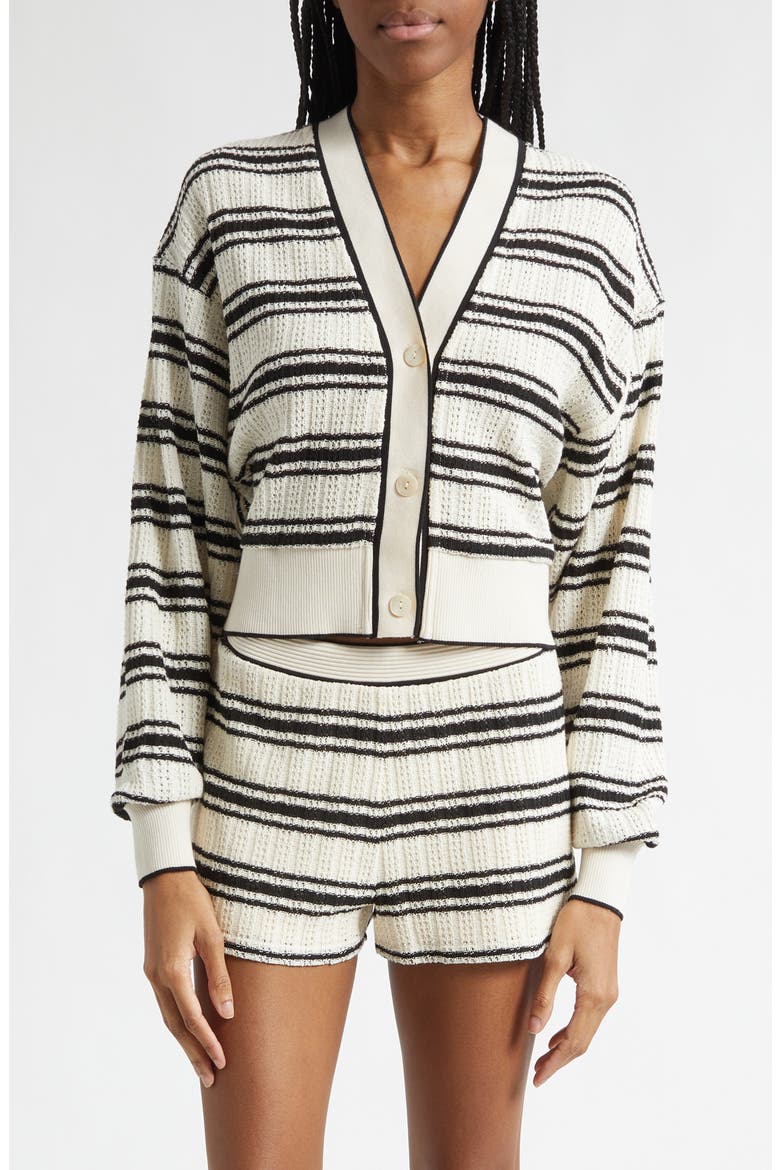 Romy Stripe Crop Pointelle Cardigan, Main, color, BLACK STRIPE