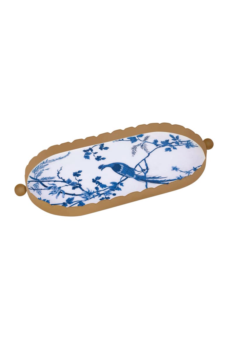 Decorative Tray, Chinoiserie with Gold Rim, Elegant Blue and White Tray, Traditional, Tabletop, Living Room, Ceramic, Blue, Home Decor, Main, color, Blue