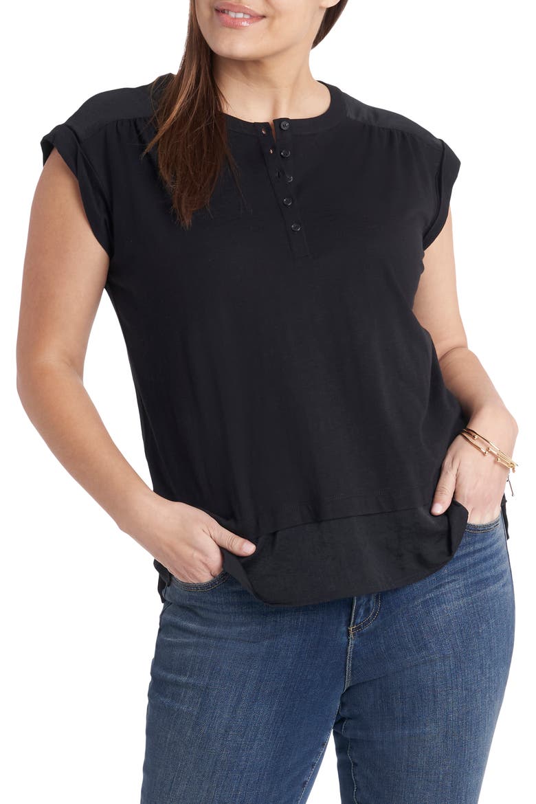 Mixed Media Layered Henley Top, Main, color, RICH BLACK
