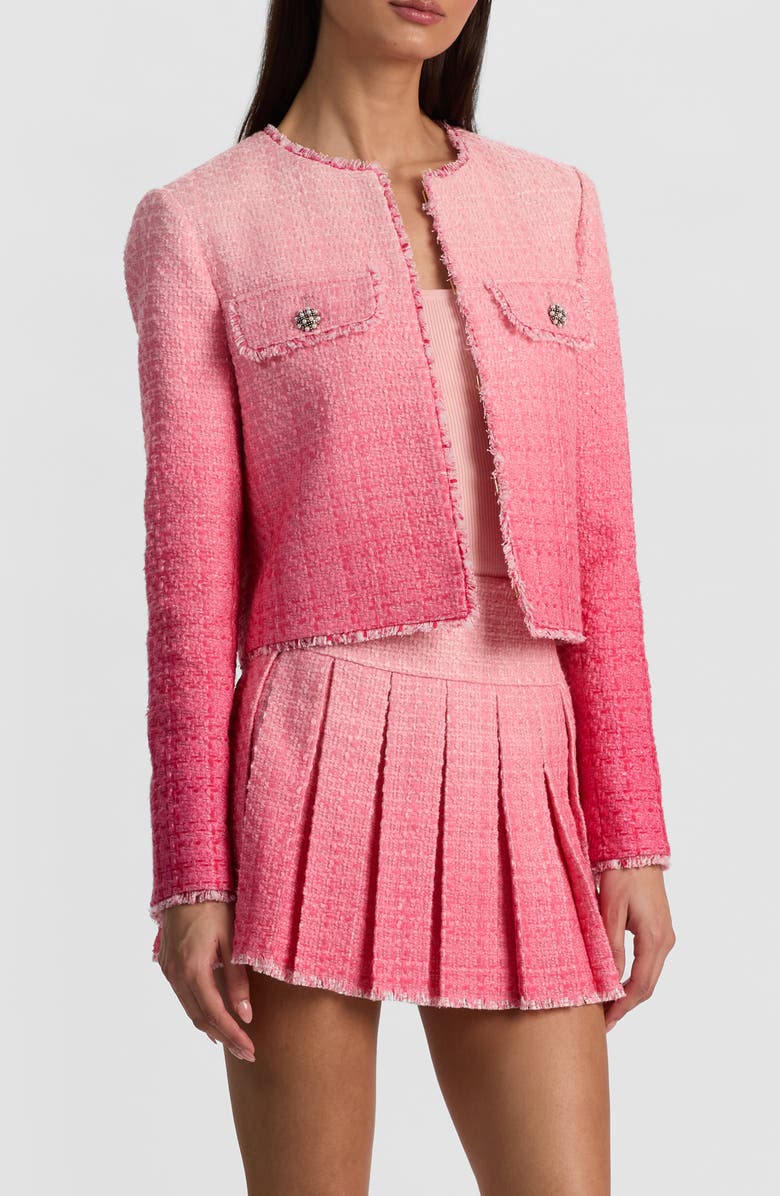 Alice + Olivia Dumont Fringe Trim Ombré Tweed Jacket, Alternate, color, 